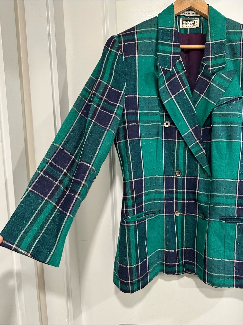 Bugatchi Linea Donna Vintage VTG Women’s Green & Navy Plaid 90s Blazer Oversized - Picture 4 of 12